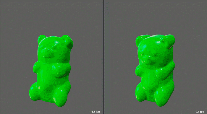 The Jiggle deformer with(left) and without(right) GPU and Cached Playback support