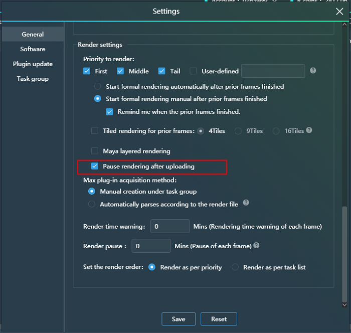 Support to pause rendering after file uploading - General settings panel