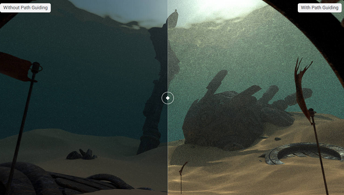 Render effect with (right) & without (left) path guiding in Blender 3.4 (same render time)
