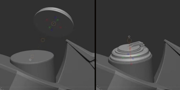 Before (left) and after (right) of using the updated contact feature for snapping the hatch of a submarine to its hull in livestream