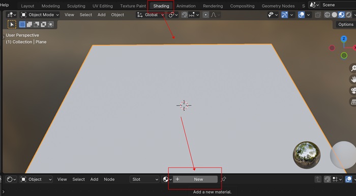 Add a new material to the plane in shading workspace