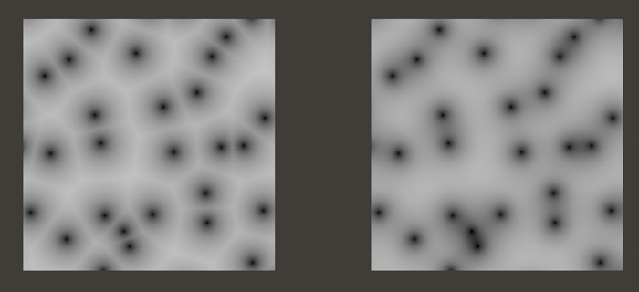 Voronoi Textures with feature output F1 (left) VS Voronoi Textures in 3D (Right)